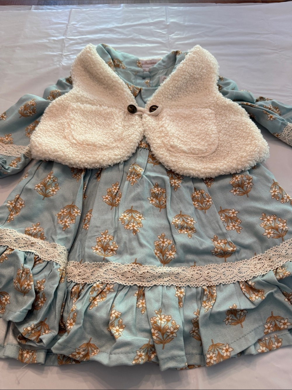 Tommy Bahama Infant girls pale Blue Floral Dress with Cream Sherpa Vest